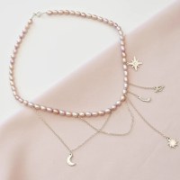 Lantisor cu Perle - Aventura in Cosmos - Model sirag perle rice mov cu lant si pandantive agatate - Argint 925 - 1