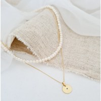 Lantisor cu Perle - Echilibru rafinat - Model 2 straturi cu sirag perle si lantisor cu pandantiv banut - Diamant natural - Aur Galben 14K - 1