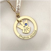 Lantisor cu Perle - Medalion disc cu silueta de ingeras si inimioara decupata - Cristal swarovski - Model sirag de perle stick silver si bilute din Argint 925 placat cu Aur Galben 18K - 1