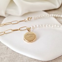 Lantisor cu Perle - Medalionul amintirilor ROTUND - Combinație lant cu zale dreptunghiulare si perle - Argint 925 placat cu Aur galben 18K - 1
