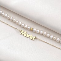 Lantisor cu Perle - Nume melodios - Model 2 straturi cu sirag perle si lantisor cu numele tau - Argint 925 placat cu Aur Galben 18K - 1
