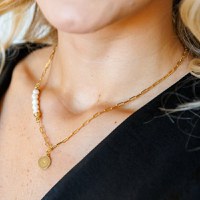 Lantisor cu Perle - Spirala de picaturi - Model 5 perle imbinate cu un lant cu zale - Diamant natural - Argint 925 placat cu Aur Galben 18K - 1