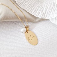 Lantisor cu picatura de Perla - Model pandantiv oval MOM - Aur Galben 14K - 1