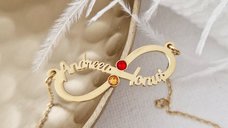 Lantisor Etern - Infint cu 2 nume decupate si cristale Swarovski - Argint 925 placat cu Aur Galben 18K