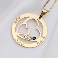 Lantisor Familie unita - Inimi in disc - 3 nume si cristale Swarovski - Argint 925 placat cu Aur Galben 18K - 1