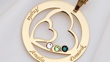 Lantisor Familie unita - Inimi in disc - 3 nume si cristale Swarovski - Argint 925 placat cu Aur Galben 18K