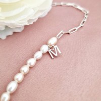 Lantisor Fior al Elegantei - Model cu sirag de Perle, lant zale si pandantiv initiala - Argint 925 - 1