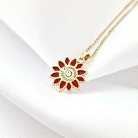 Lantisor Floare de Primavara – Argint 925 placat cu Aur Galben 18K - Email rosu & Cristal Swarovski - 1