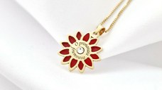 Lantisor Floare de Primavara – Argint 925 placat cu Aur Galben 18K - Email rosu & Cristal Swarovski