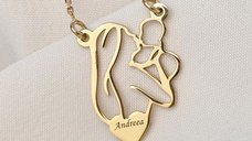 Lantisor In inima mamei - Pandantiv Mama&Bebe si inima personalizata cu nume - Argint 925 placat cu Aur Galben 18K