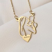 Lantisor In inima mamei - Pandantiv Mama&Bebe si inima personalizata cu nume - Argint 925 placat cu Aur Galben 18K - 1