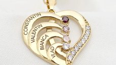 Lantisor Inima cu Poveste - 4 nume si Cristale Zirconia - Argint 925 placat cu Aur 18K