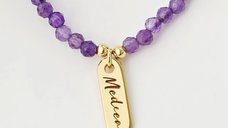 Lantisor Name Plate - Pietre Ametist & Pandantiv Placuta cu Nume - Argint placat cu Aur Galben 18K