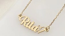 Lănțișor Nume cu Inimă - Font Romantic - Argint 925 cu Aur Galben 18K