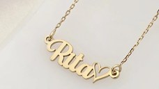 Lănțișor Nume cu Inimă - Font Romantic - Argint 925 cu Aur Galben 18K