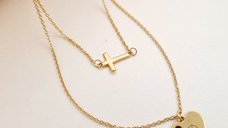 Lantisor personalizat - 2 Straturi - Inima si cruce - Argint placat cu Aur Galben 18K - Cristal Swarovski