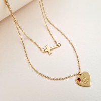 Lantisor personalizat - 2 Straturi - Inima si cruce - Argint placat cu Aur Galben 18K - Cristal Swarovski - 1