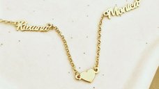 Lantisor personalizat Conexiune - 2 Nume si 1 Inimioara - Argint 925 placat cu Aur galben 18K