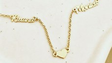 Lantisor personalizat Conexiune - 2 Nume si 1 Inimioara - Argint 925 placat cu Aur galben 18K
