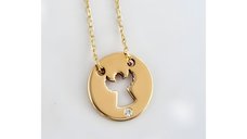 Lantisor personalizat cu Diamant natural - Pandantiv banut ingeras decupat - Aur Galben 14 K