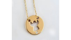 Lantisor personalizat cu Diamant natural - Pandantiv banut ingeras decupat - Aur Galben 14 K