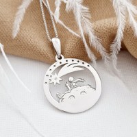 Lantisor personalizat cu Diamant natural - Pandantiv Micul Print vulpea si trandafirul - Argint 925 Rodiat - 1