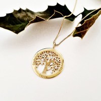 Lantisor personalizat cu nume - Copacul Vietii decorat cu Zirconii albe - Argint 925 placat cu Aur Galben 18K - 1