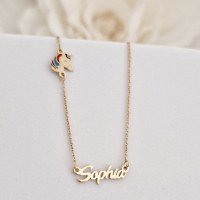 Lantisor personalizat cu Nume si pandantiv lateral Unicorn colorat cu email - Argint 925 placat cu Aur Galben 18K - 1