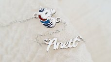 Lantisor personalizat cu Nume si pandantiv lateral Unicorn colorat cu email - Argint 925