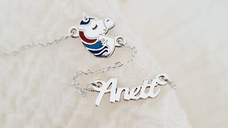 Lantisor personalizat cu Nume si pandantiv lateral Unicorn colorat cu email - Argint 925