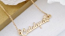 Lantisor personalizat cu Nume, simbol fluture si Diamant natural - Argint 925 placat cu Aur Galben 18K
