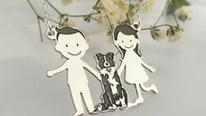 Lantisor Personalizat Familie - 3 Membri cu Caine Border Collie - Argint 925