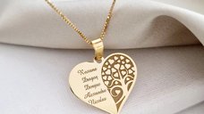 Lantisor personalizat - Pandantiv inima gravata cu nume si copacul iubirii - Argint 925 placat cu Aur Galben 18K