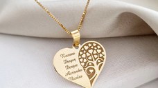 Lantisor personalizat - Pandantiv inima gravata cu nume si copacul iubirii - Argint 925 placat cu Aur Galben 18K