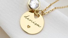 Lantisor Zirconia Charm - Pandantiv cu Nume si Simbol Inima - Argint placat cu Aur Galben 18K