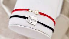 Set 2 bratari cu Diamant Natural Alb/Negru - Model Cuplu cu Lacat si Cheie - Aur Galben/Alb 14K si Snur Reglabil