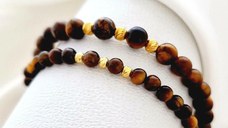 Set 2 bratari din pietre Ochi de Tigru - Bilute din Argint 925 placate cu Aur galben 18K - Snur elastic