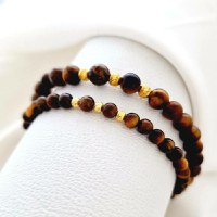 Set 2 bratari din pietre Ochi de Tigru - Bilute din Argint 925 placate cu Aur galben 18K - Snur elastic - 1
