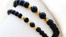 Set 2 bratari din pietre Onix - Bilute din Argint 925 placate cu Aur galben 18K - Snur elastic