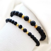 Set 2 bratari din pietre Onix - Bilute din Argint 925 placate cu Aur galben 18K - Snur elastic - 1