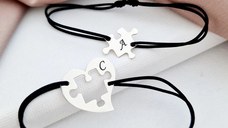 Set 2 bratari personalizate - Cuplu - Inima si piesa de puzzle - Argint 925 - snur reglabil