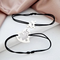 Set 2 bratari personalizate - Cuplu - Inima si piesa de puzzle - Argint 925 - snur reglabil - 1