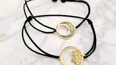 Set 2 bratari personalizate - Luna si Soare - Argint 925 placat cu Aur Galben 18K , snur reglabil