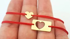 Set 2 bratari personalizate - Placuta si inimioara din Aur Galben 14K cu snur reglabil