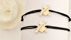 Set de 2 bratari personalizate cu piese de puzzle, din argint 925 placat cu aur galben 18K, cu snur reglabil