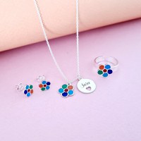 Set personalizat - Floare multicolora - Lantisor, cercei si inel - Argint 925 - 1