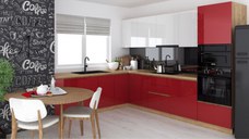 Bucatarie colt Chelsea V2, 221 300x60x200 cm, Alb Rosu  Stejar K003