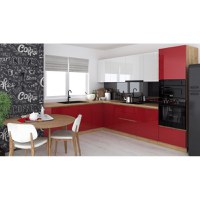 Bucatarie colt Chelsea V2, 221 300x60x200 cm, Alb Rosu  Stejar K003 - 1