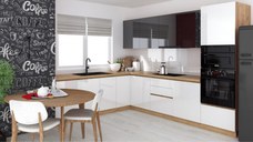Bucatarie colt Chelsea V2 ,221 300x60x200 cm, Gri antracit , Alb  Stejar K003
