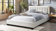 Pat tapitat Comfort 1 cu LED cadru din lemn cu somiera fixa Crem 180x200 cm